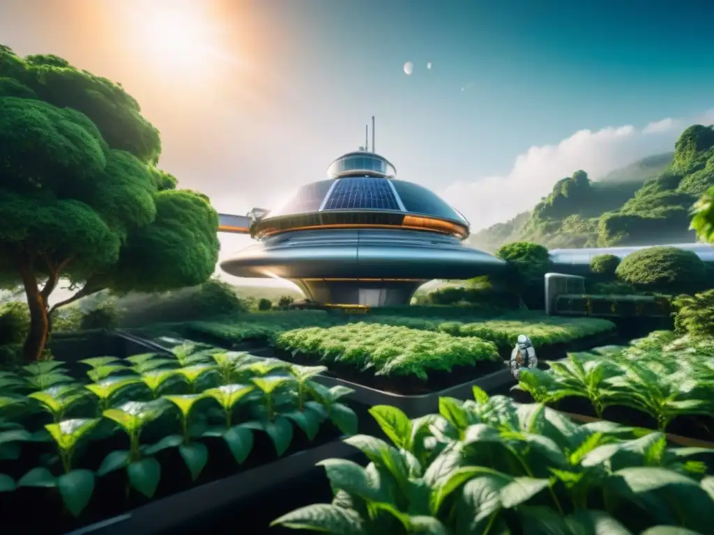 Una estación espacial futurista rodeada de vegetación, tecnología sustentable y astronautas