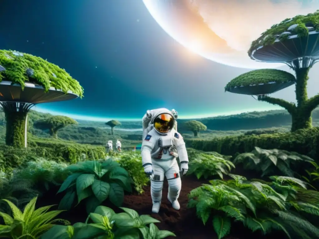 Una estación espacial futurista rodeada de vegetación exuberante, astronautas en trajes ecológicos avanzados cuidando plantas