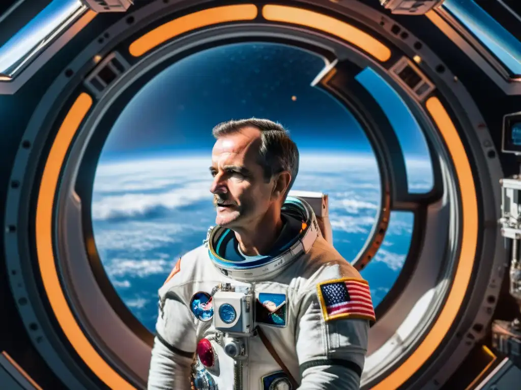 Chris Hadfield en la Estación Espacial rodeado de tecnología, con la Tierra curvándose al fondo y el sol poniente