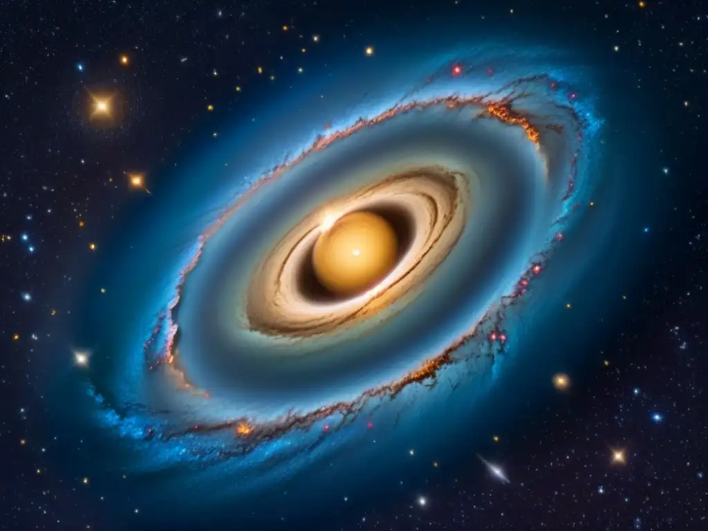 Galaxia estelar con nebulosas y planetas, resplandeciendo en tonos vibrantes