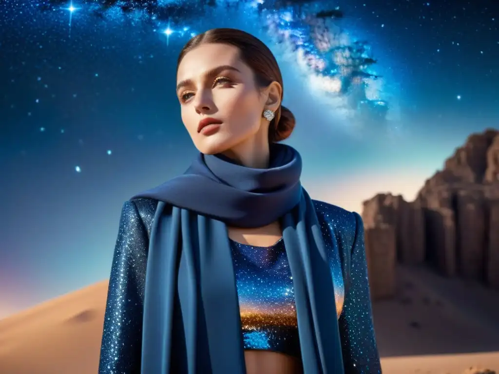 Estilo espacial profundo: bufanda y guantes azules con estampados de estrellas y galaxias, fusionando moda y misterio cósmico