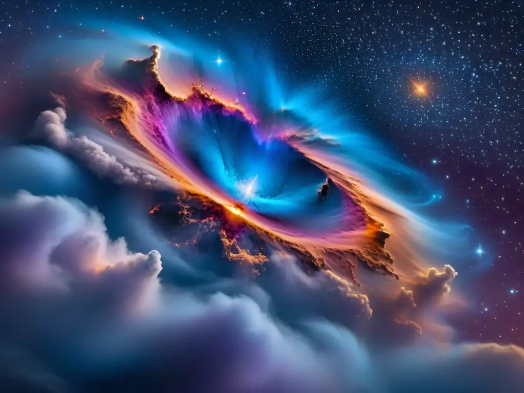 Belleza estelar: estrella variable pulsante rodeada de polvo cósmico Una estrella variable pulsante rodeada de nebulosas cósmicas en tonos azules, púrpuras y rosados, sobre un cielo estrellado