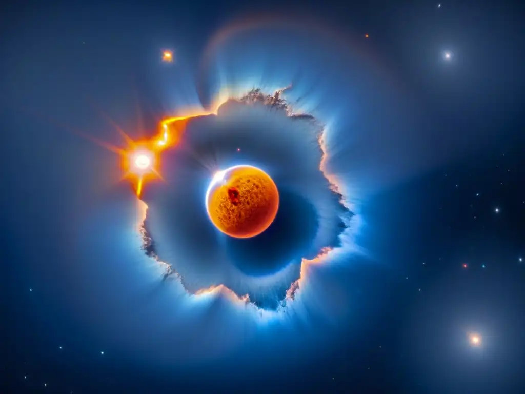 Dos estrellas en eclipse: un gigante azul eclipsando a su compañera enana roja, creando un espectáculo cósmico de colores y sombras