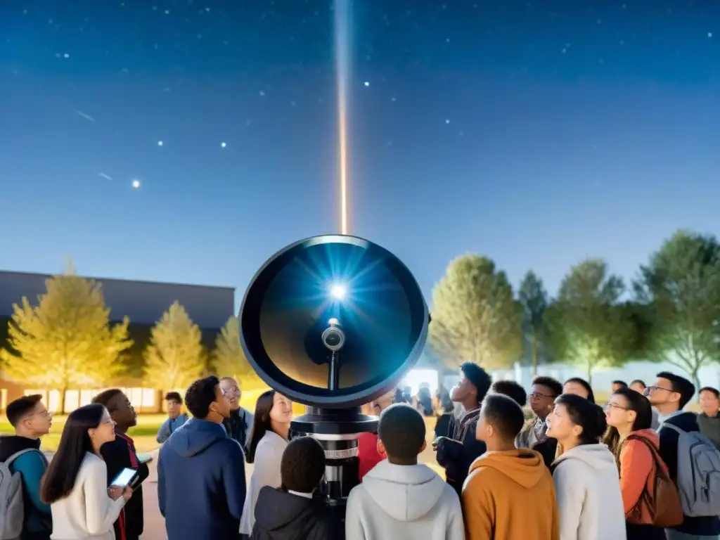 Estudiantes emocionados observando el espacio con un telescopio de alta tecnología en el colegio bajo un cielo estrellado