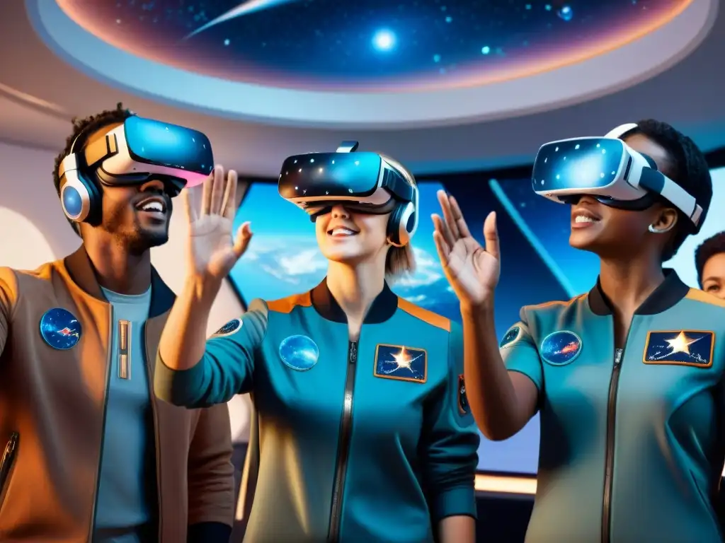 Estudiantes entusiastas resolviendo problemas en un juego de simulación espacial en realidad virtual