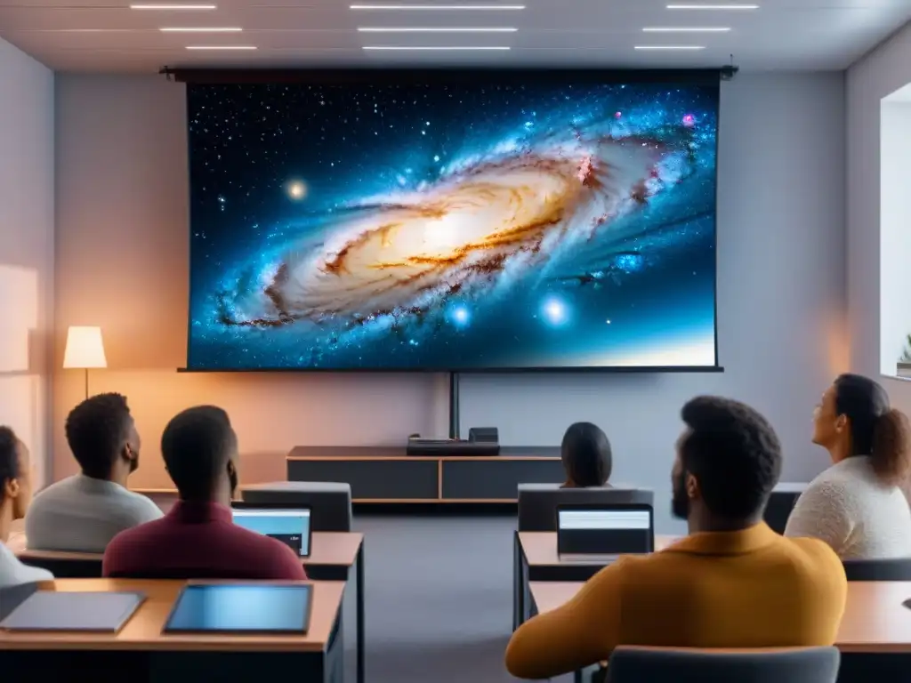 Exploración estelar: aula interactiva con software astronómico Estudiantes entusiastas usan software astronómico educación espacial en aula con imagen de la Vía Láctea