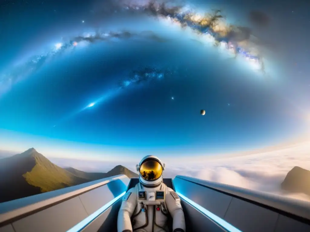 Exploración científica sin límites: estudiantes en gravedad cero Estudiantes realizan experimentos gravedad cero divertidos en simulador espacial, rodeados de estrellas y galaxias