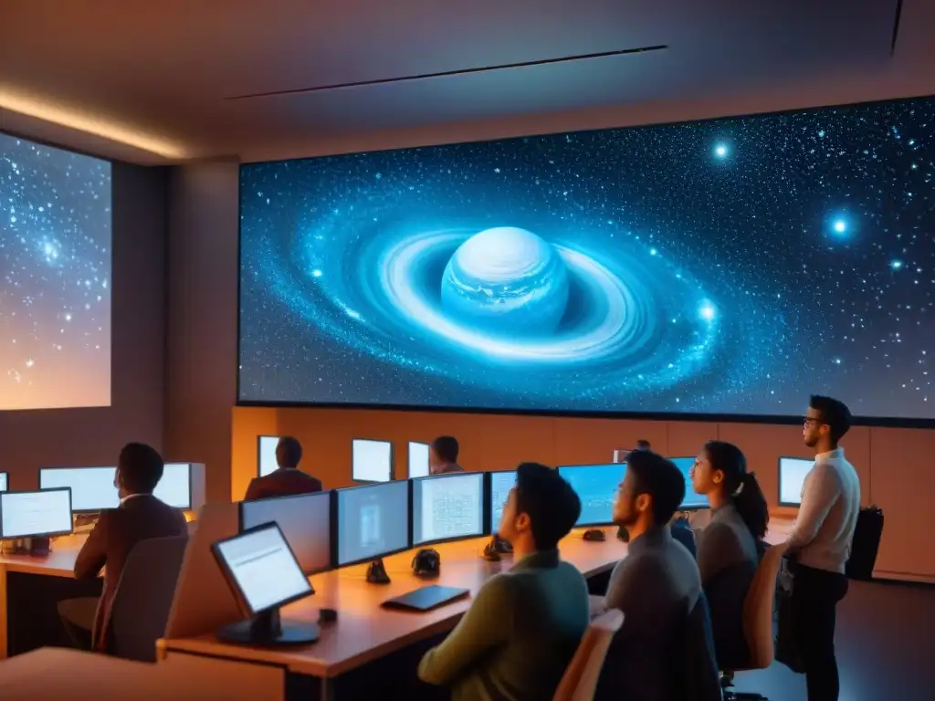 Estudiantes fascinados con simulaciones astronómicas detalladas Estudiantes fascinados por software astronómico educación espacial en aula llena de galaxias y constelaciones