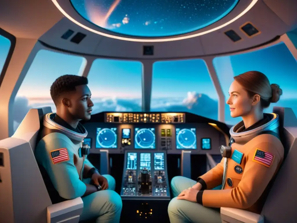 Estudiantes en simulación misiones espaciales en Marte, concentrados en cabina espacial futurista