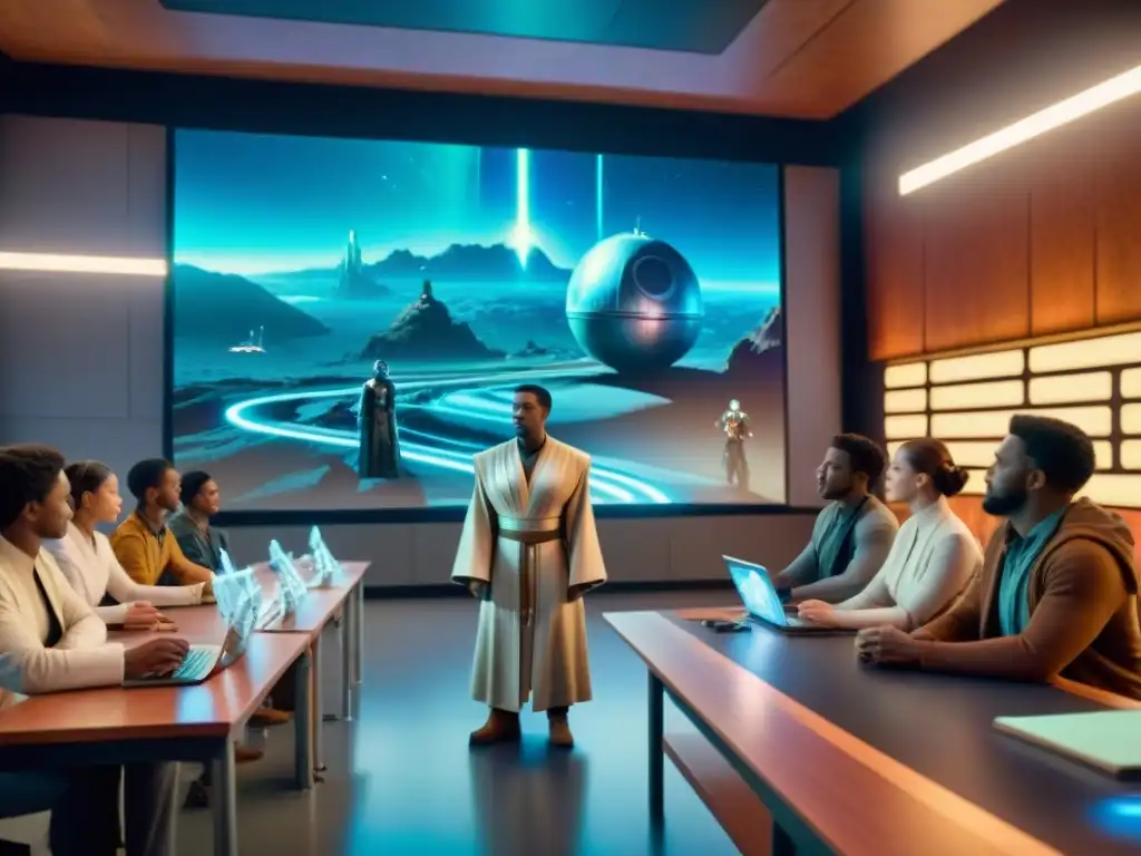 Estudiantes diversos disfrutan proyecciones holográficas de Star Wars en aula futurista, con profesor estilo Jedi