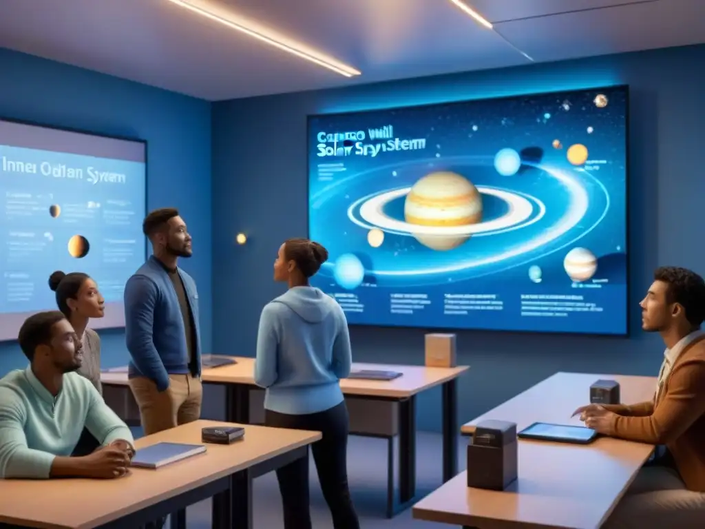 Clase interactiva sobre el sistema solar: alumnos diversidad exploran en 3D Estudiantes exploran el sistema solar en pantalla digital
