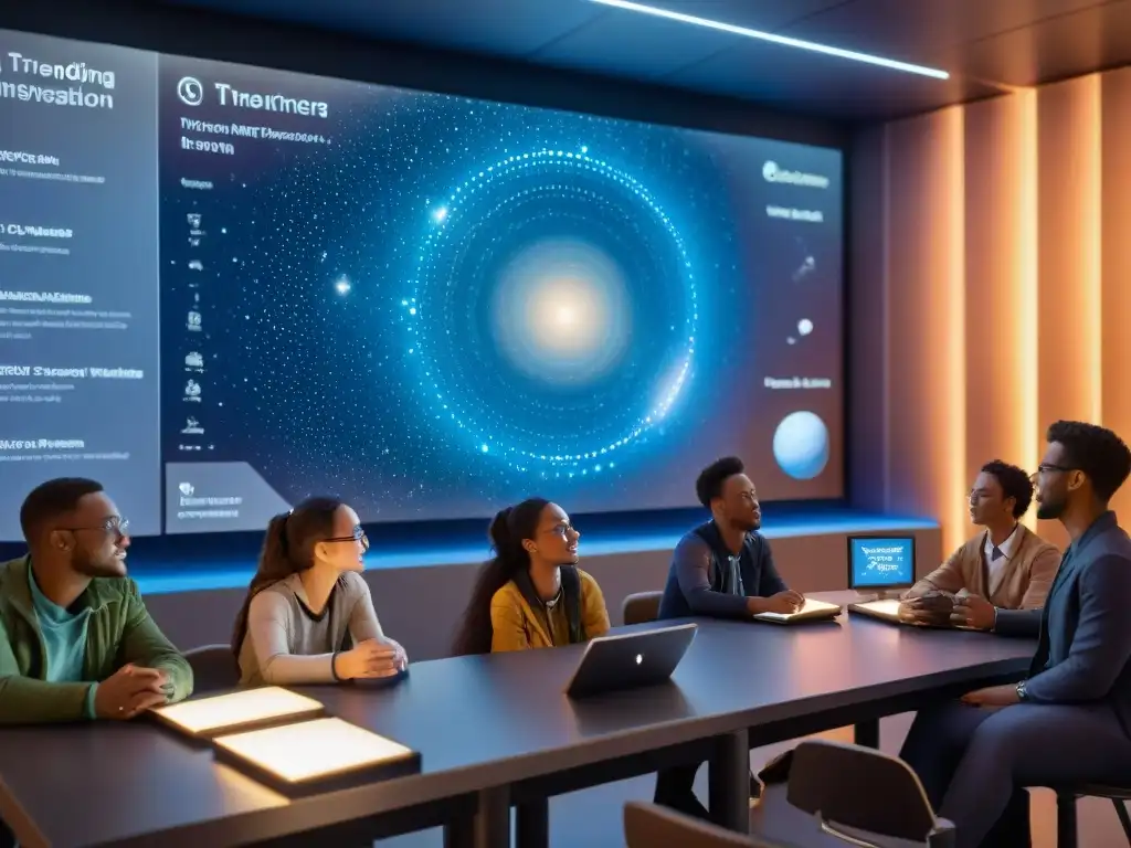 Clase de astronomía inmersiva: estudiantes explorando el universo Estudiantes diversidad exploran software astronómico en aula futurista