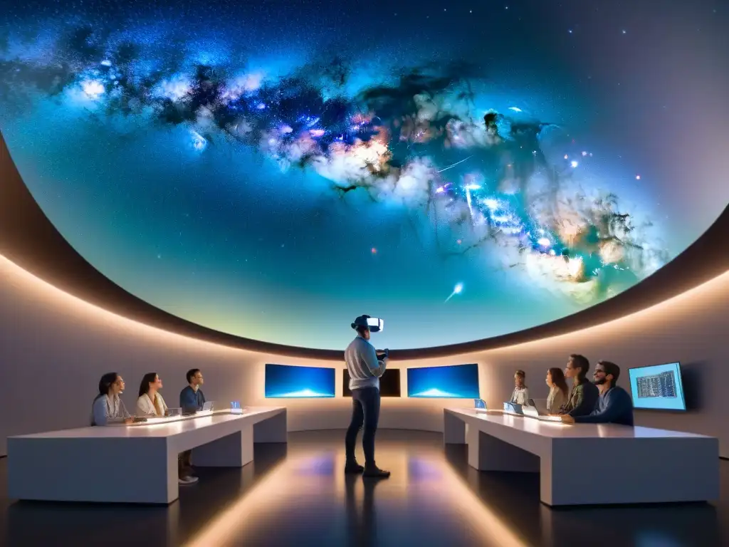 Estudiantes explorando el universo en realidad virtual, inmersos en el cosmos