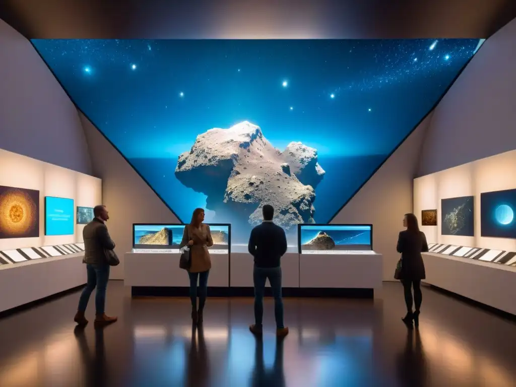 Explora la exhibición de objetos misteriosos del espacio en penumbra, invitando a descubrir maravillas cósmicas