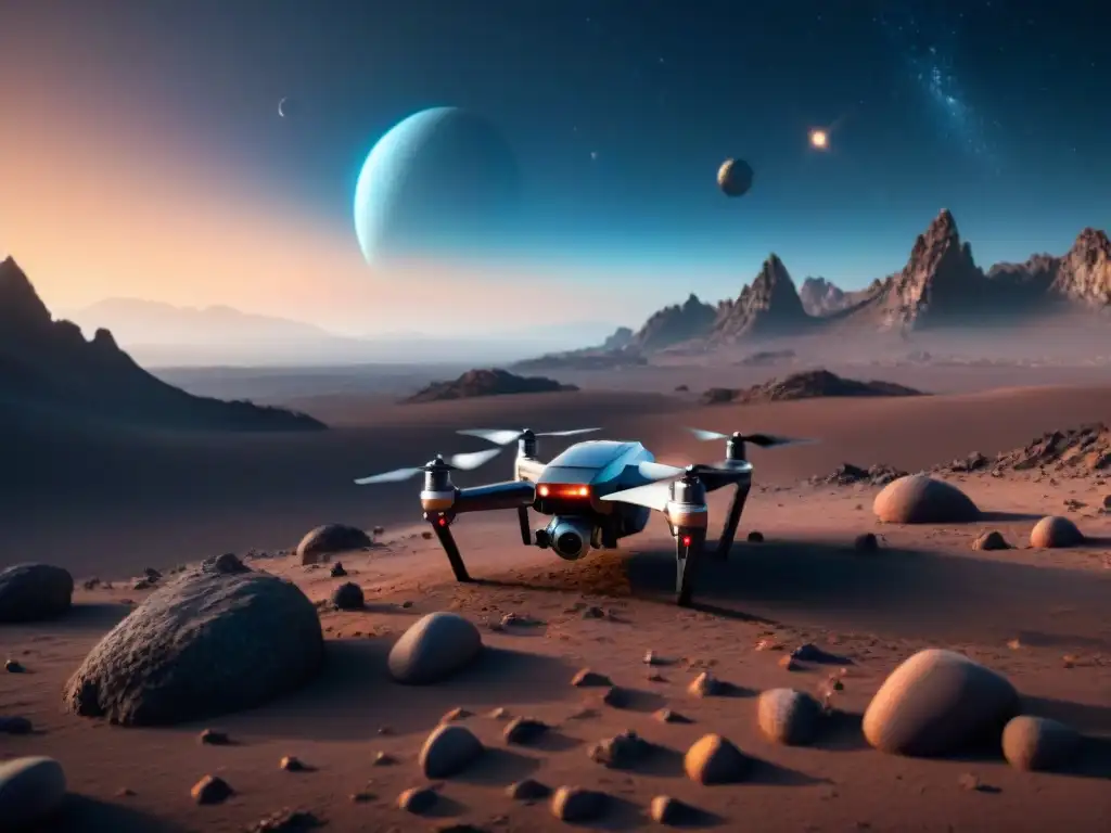 Explorando un exoplaneta, un drone futurista refleja la luz de un sistema binario en un paisaje alienígena