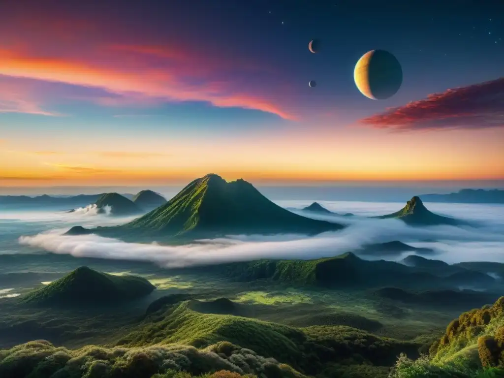 Un exoplaneta hipotético en la zona habitable galáctica para vida, con un paisaje exuberante y lunas brillantes en un cielo estrellado