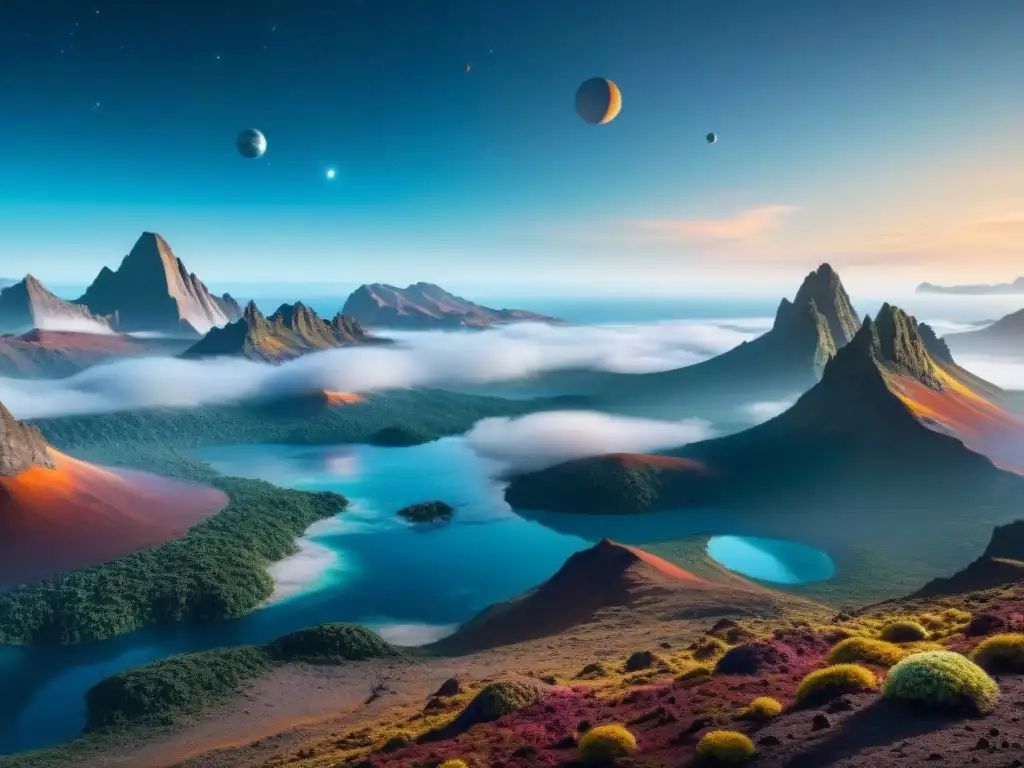 Explora exoplanetas en zonas habitables con una sonda espacial en un paisaje alienígena vibrante y exuberante