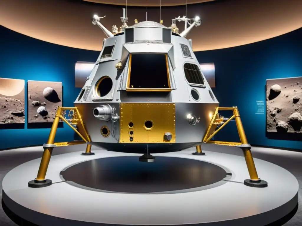 Una experiencia inmersiva en una exposición de exploración espacial, con réplica del módulo lunar Apollo 11 y rocas lunares