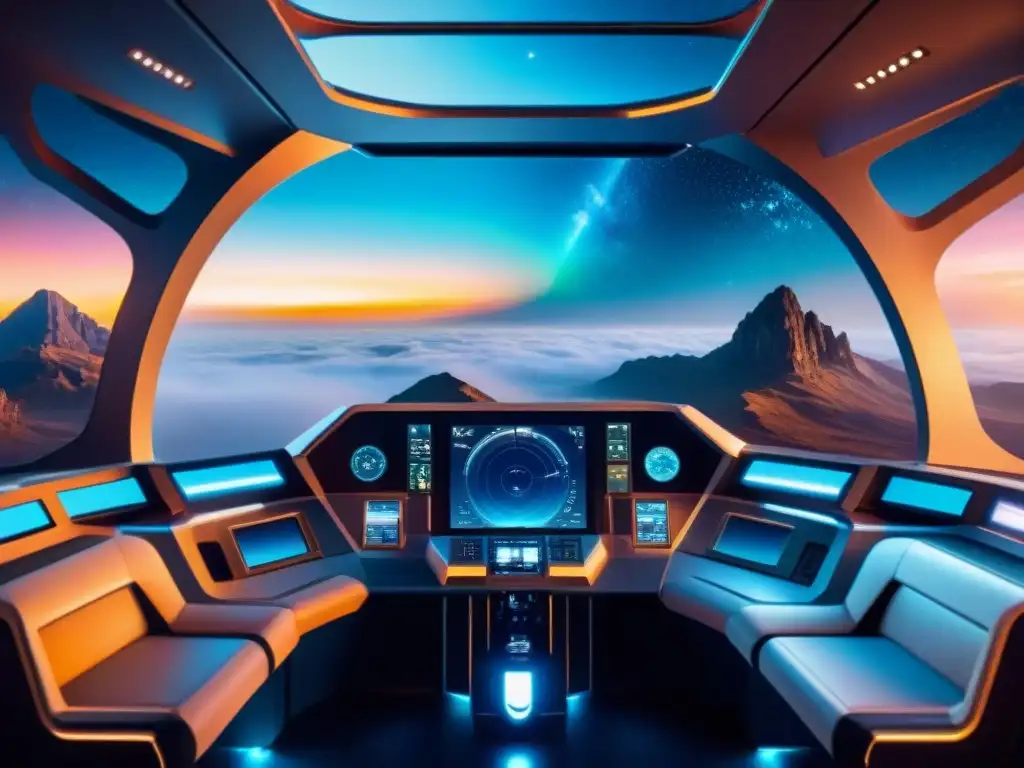 Reserva experiencias extraterrestres nave en un interior futurista con paneles avanzados y vista de espacio exterior