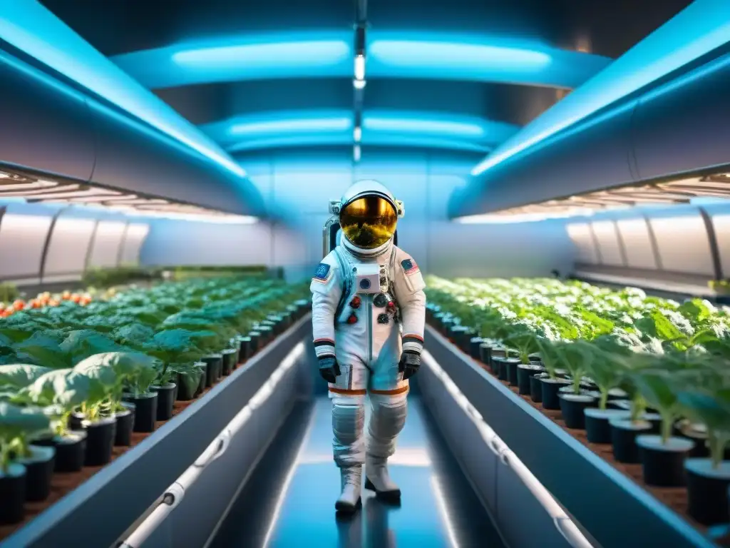 Experimento de cultivo de alimentos en estación espacial futurista