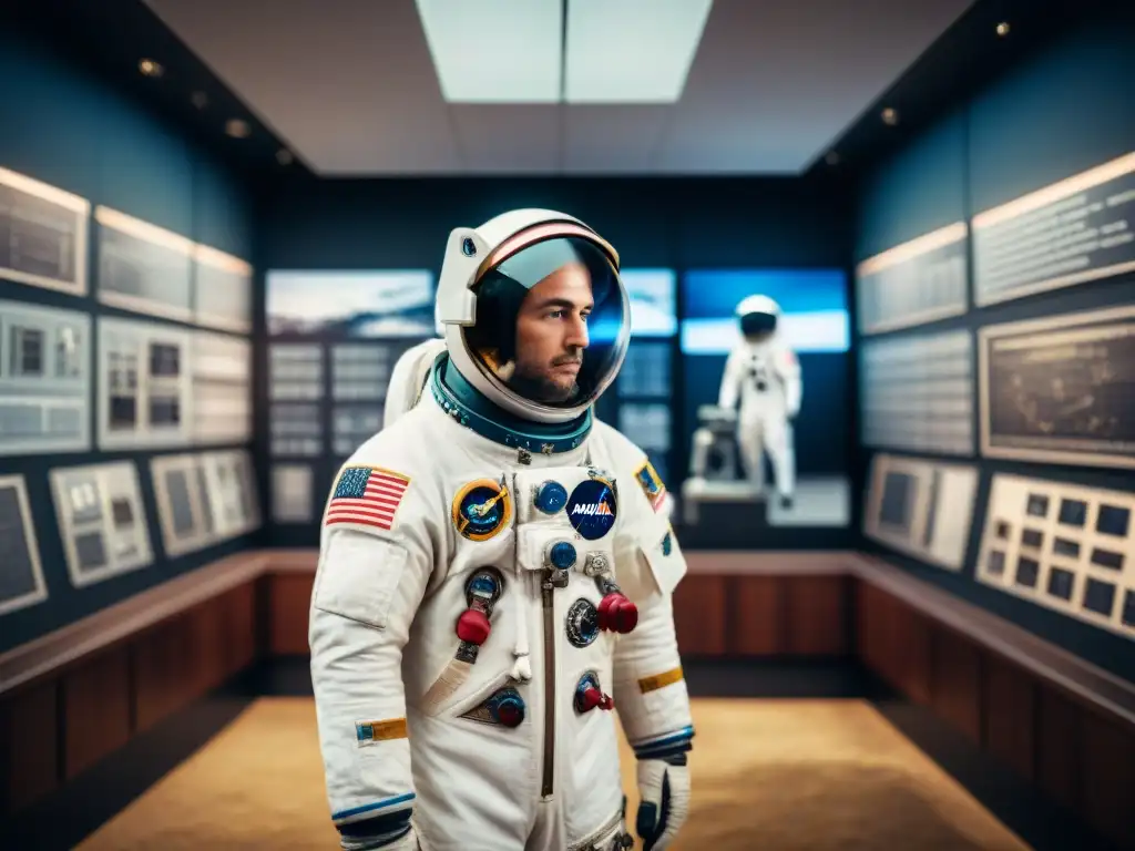 Expertos en conservación restauran traje espacial lunar en detalle, rodeados de equipo científico en sala con diagramas técnicos