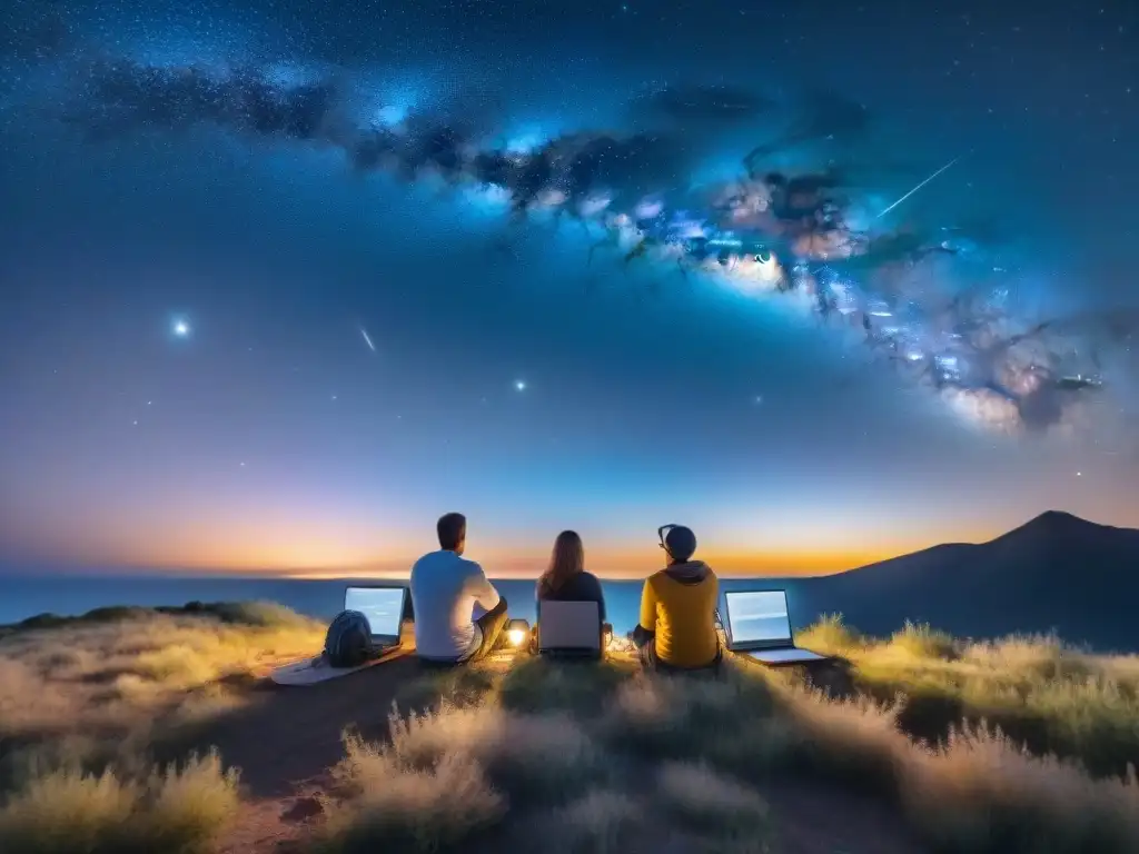 Exploración del universo: aficionados a la astronomía con extensiones de navegador, laptops y telescopios bajo un cielo estrellado