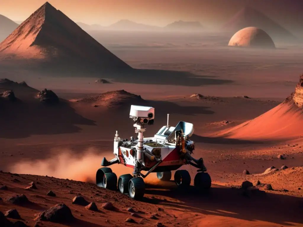 Exploración de Marte por agencias espaciales: Detalles del rover en terreno marciano con cielo rojizo y paisaje rocoso