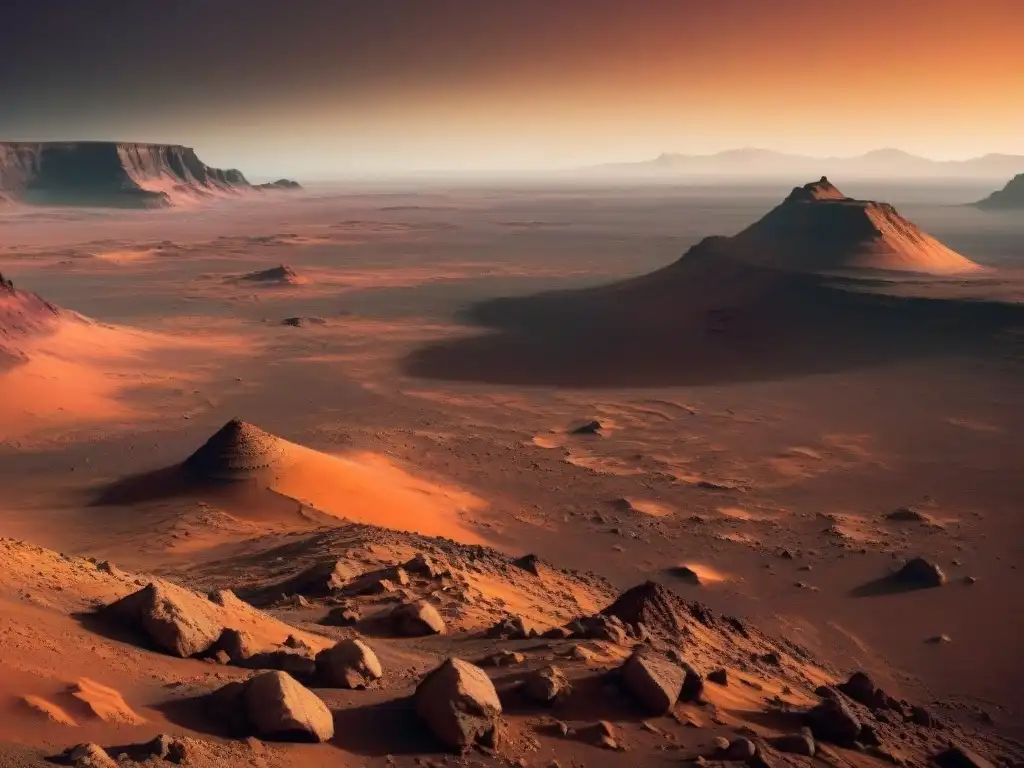 Exploración de Marte por agencias espaciales: paisaje marciano con formaciones rocosas rojas, cielo naranja y rover recorriendo el terreno