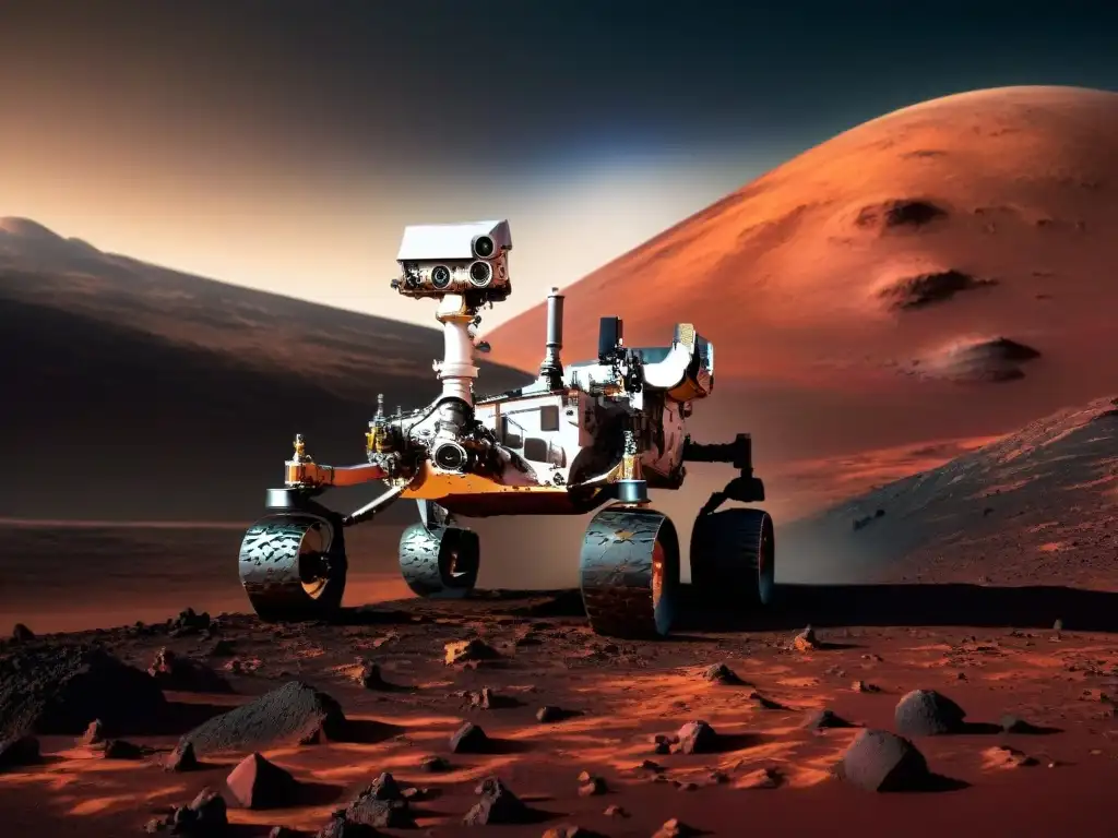 Exploración de Marte por agencias espaciales: el rover Curiosity recorre terreno marciano, mostrando la grandeza de la exploración espacial