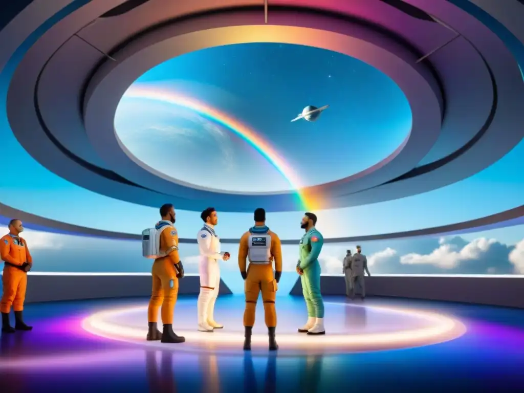 Exploración de la diversidad de género en la ciencia ficción: estación espacial futurista con grupo LGBTQ+ trabajando en armonía, bandera arcoíris en cosmos