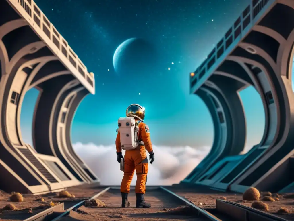 Exploración en estación espacial abandonada con arquitectura alienígena, astronautas en trajes futuristas