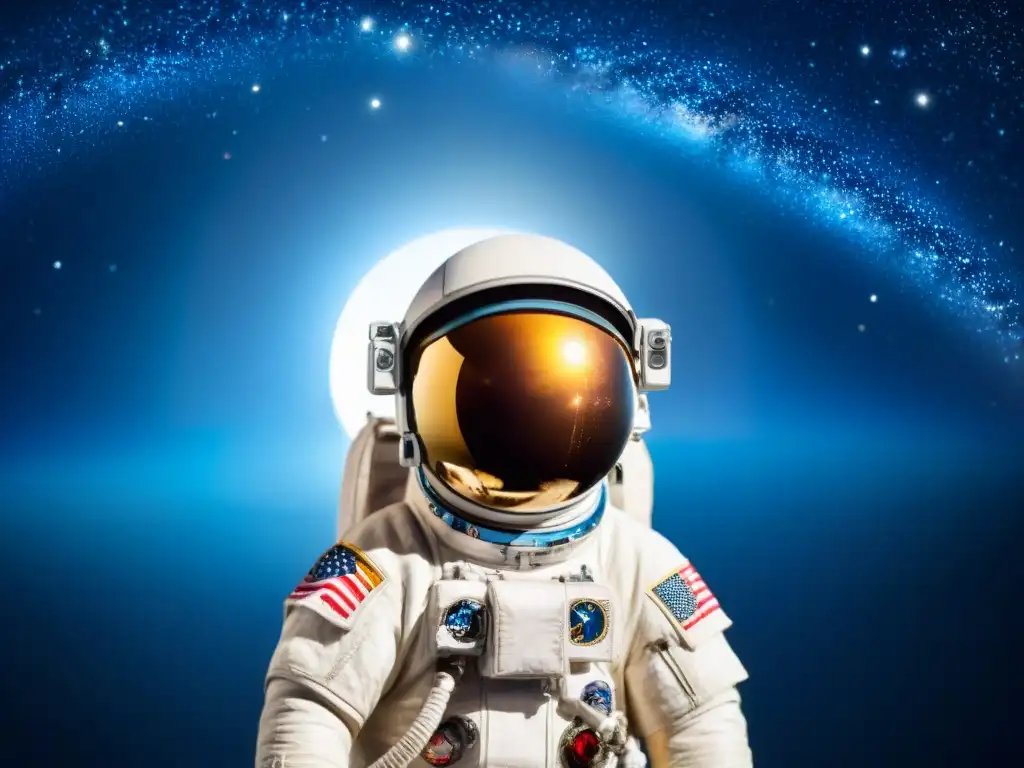Exploración cósmica: astronauta entre estrellas y galaxias Exploración espacial: astronauta flotando entre estrellas, reflejando cosmos, con la Tierra al fondo