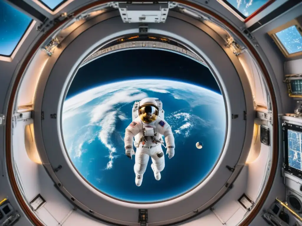 Exploración espacial: astronauta realizando experimentos en laboratorio de la Estación Espacial Internacional, vista de la Tierra