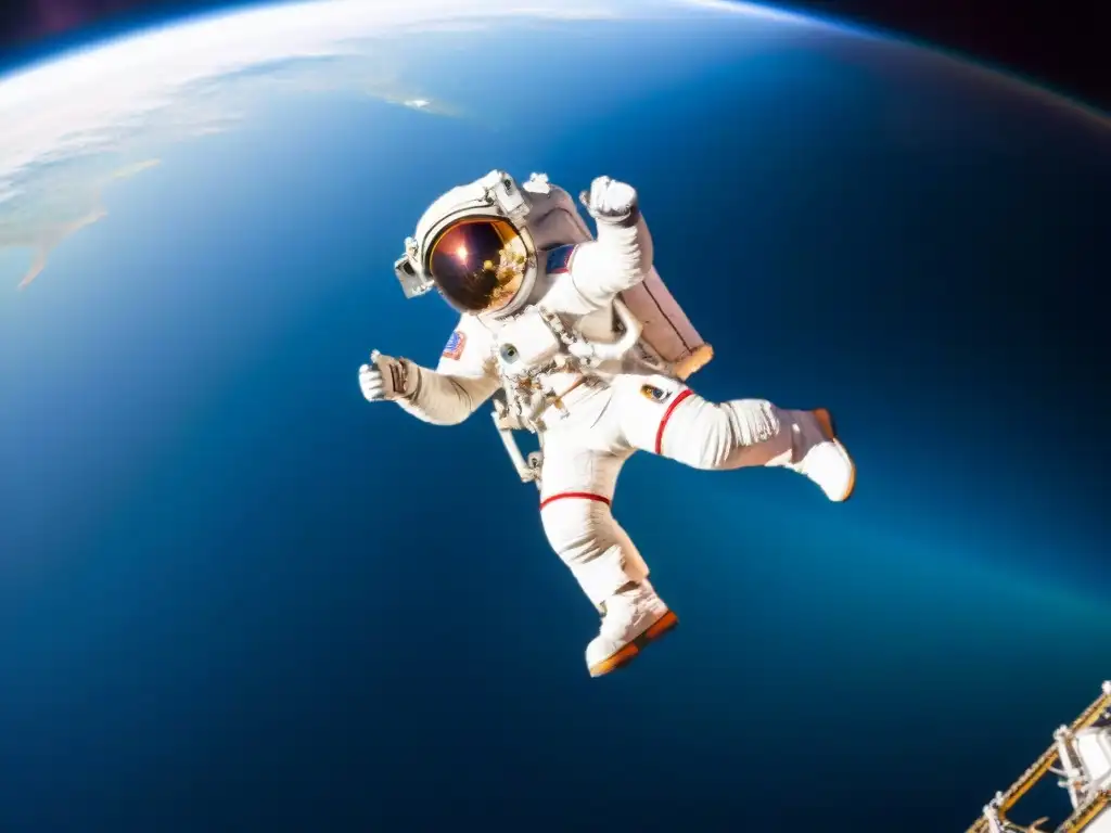Exploración espacial: astronauta flotando frente a la Tierra con traje espacial moderno