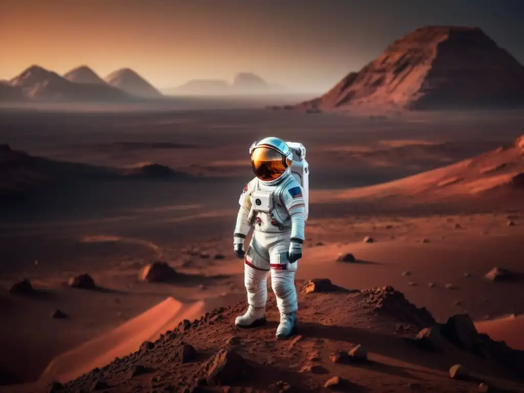 Exploración espacial en Marte: soledad y grandeza Exploración espacial: astronauta en Marte, contemplando horizonte vasto y polvoriento bajo cielo estrellado
