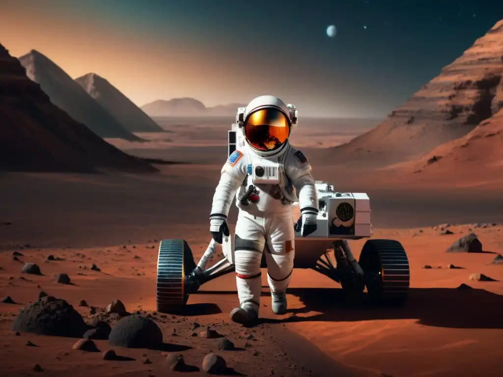 Exploración espacial: astronauta humano junto a rover en Marte, fusionando tecnología y descubrimiento cósmico