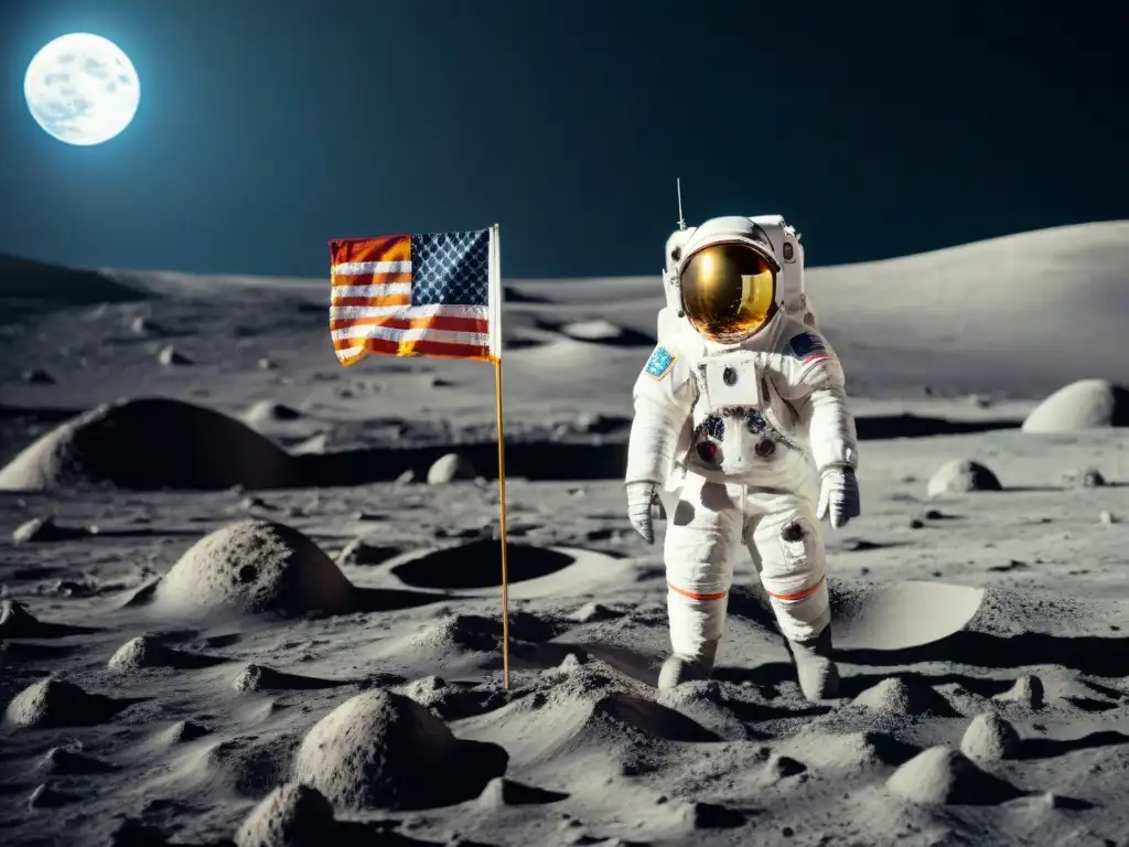 Exploración espacial: Astronauta con traje blanco en la Luna, ondeando la bandera de la misión Gateway Lunar al atardecer