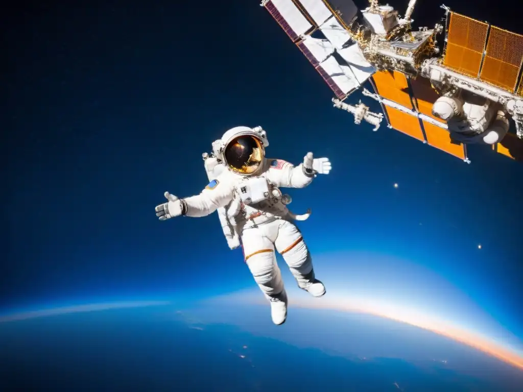 Exploración espacial: Astronauta flotando en el vacío, ISS y la Tierra de fondo, software fronteras nuevas