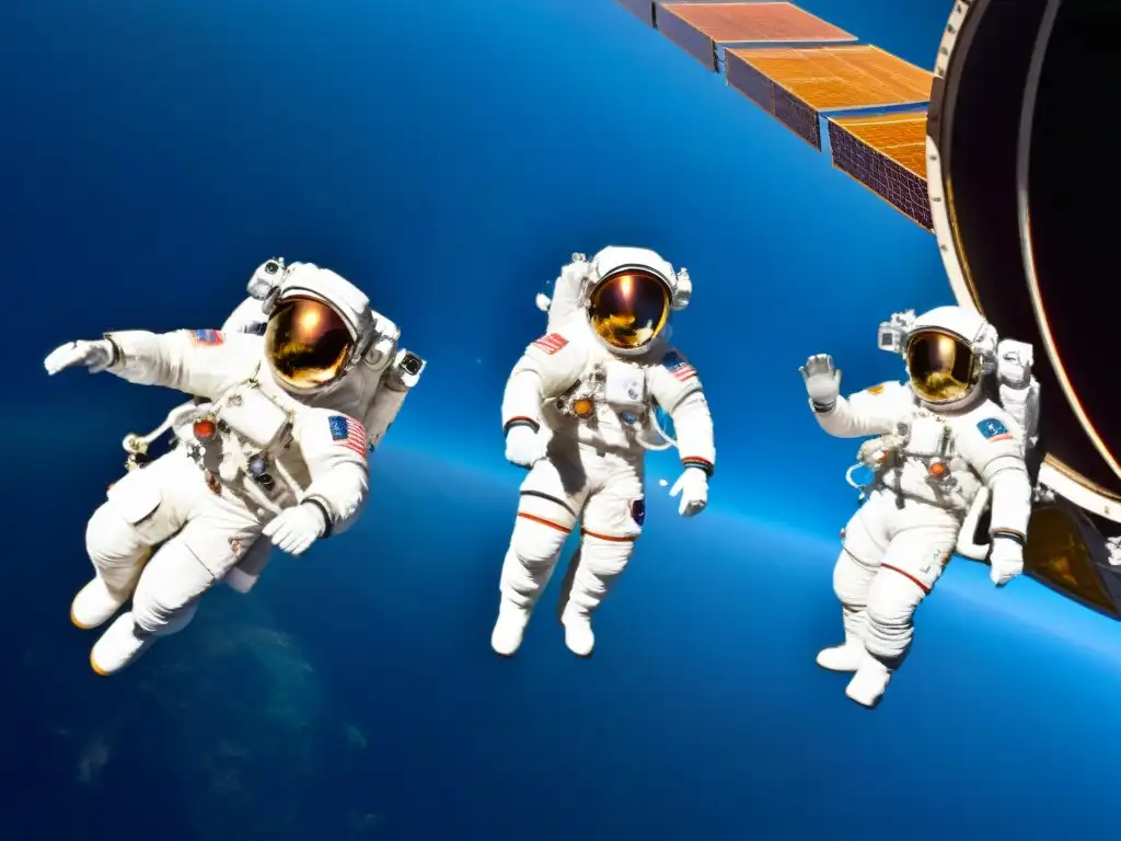 Exploración espacial: astronautas flotando en el espacio, con la Tierra de fondo y la ISS, reflejando innovación tecnología ESA