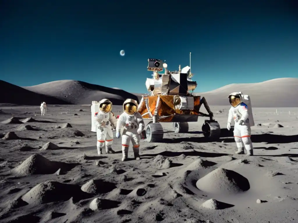 Exploración espacial: astronautas en la Luna con la Tierra al fondo, resaltando misiones Gateway Lunar