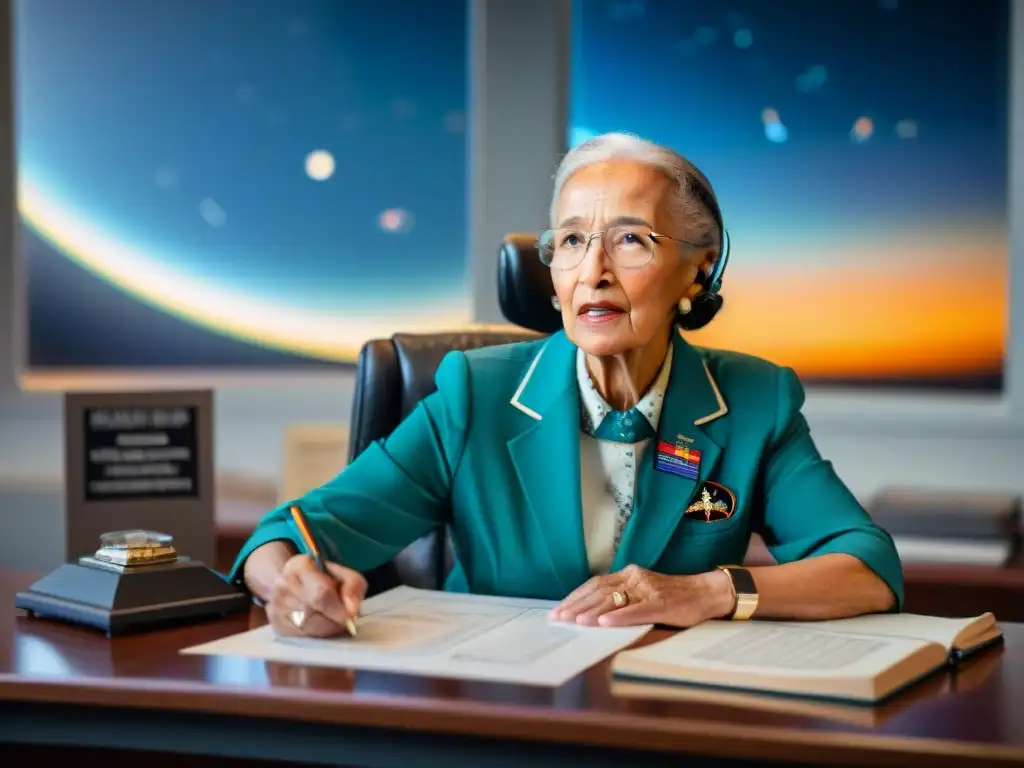 Katherine Johnson, pionera en la exploración espacial, concentrada en su escritorio rodeada de cálculos, con vista a la Tierra desde el espacio