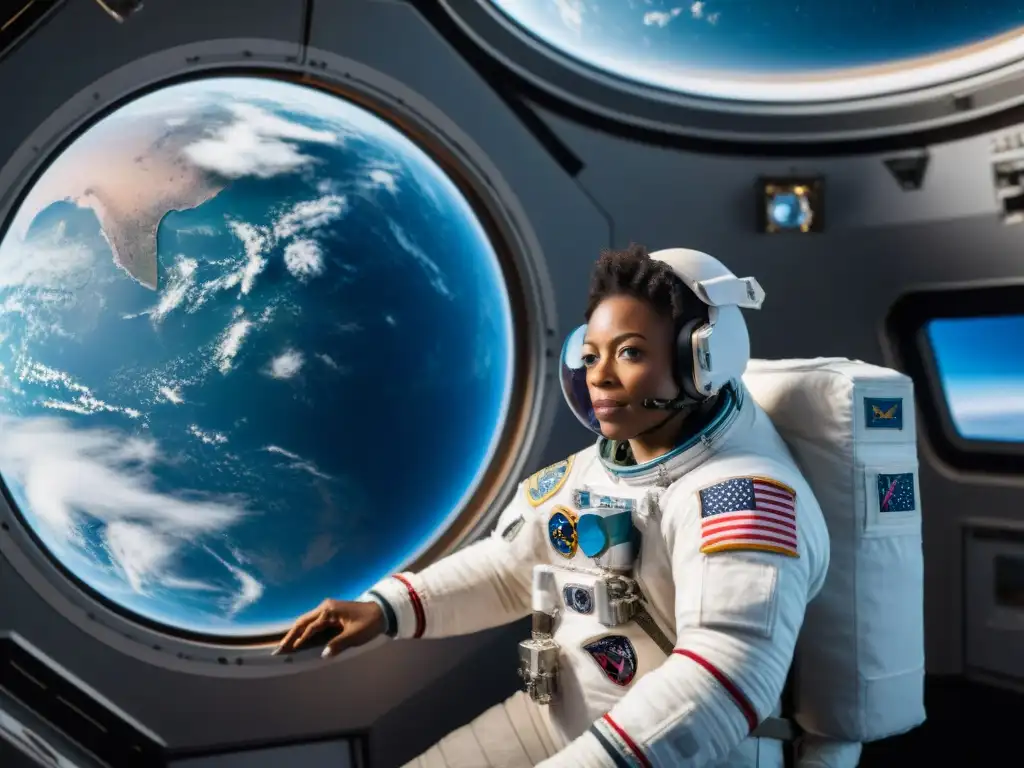 Exploración espacial: Stephanie Wilson en la Estación Espacial Internacional, admirando la Tierra desde una ventana