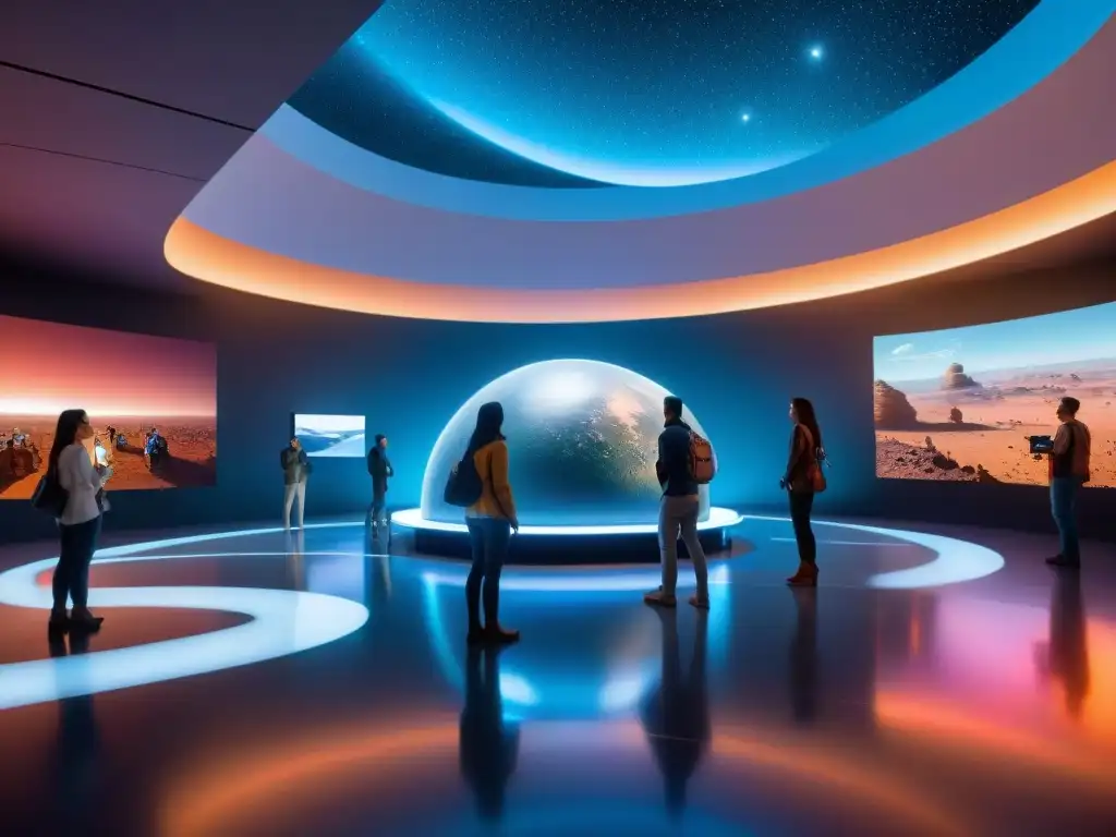 Exploración espacial en exposición futurista con tecnologías avanzadas y visitantes maravillados