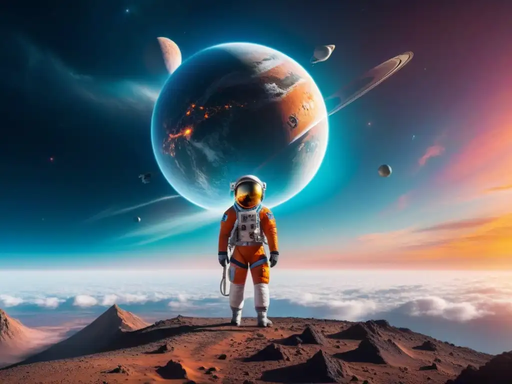 Estación espacial futurista en órbita: exploración del cosmos Exploración espacial impacto tecnología moderna: Estación espacial futurista orbitando un planeta distante, astronautas en gravedad cero