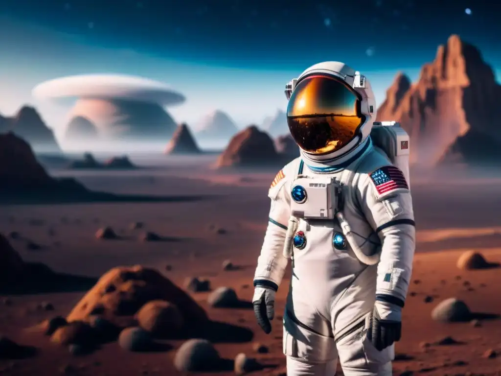 Exploración espacial con inteligencia artificial: Astronauta en traje espacial avanzado en planeta remoto con nave futurista al fondo