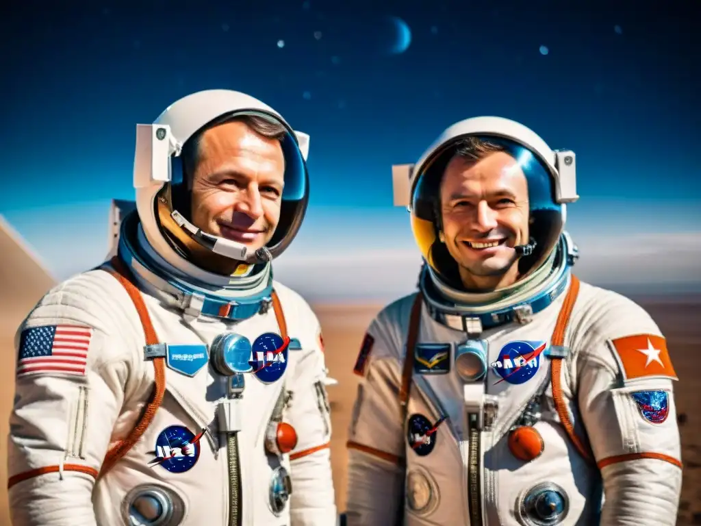 Exploración espacial: Gherman Titov y Yuri Gagarin junto al Vostok en el espacio estrellado