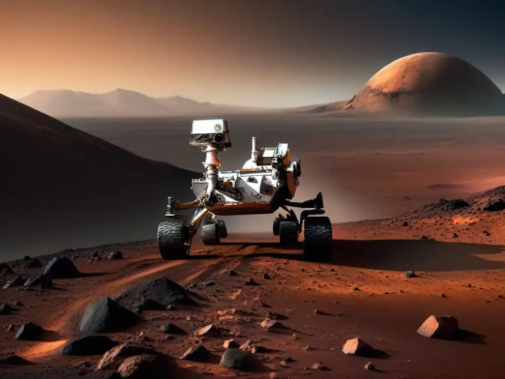 Exploración espacial autónoma sin tripulación: Rover Curiosity recoge muestras en Marte al atardecer