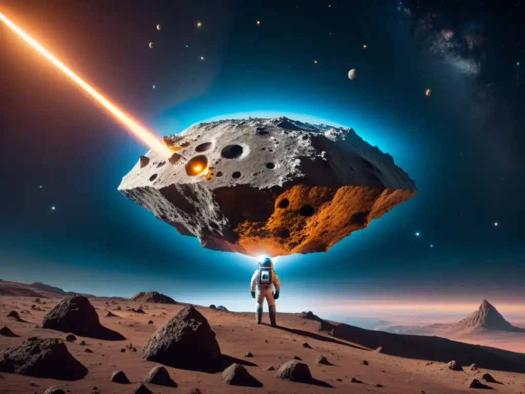 Exploración espacial: nave minera cerca de un asteroide, con tecnología avanzada