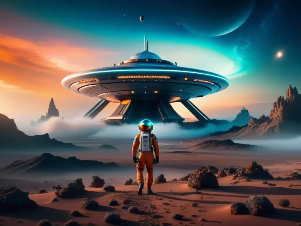 Exploración espacial en un paisaje alienígena, nave futurista y astronautas, ideal para adaptaciones cinematográficas literatura ciencia ficción