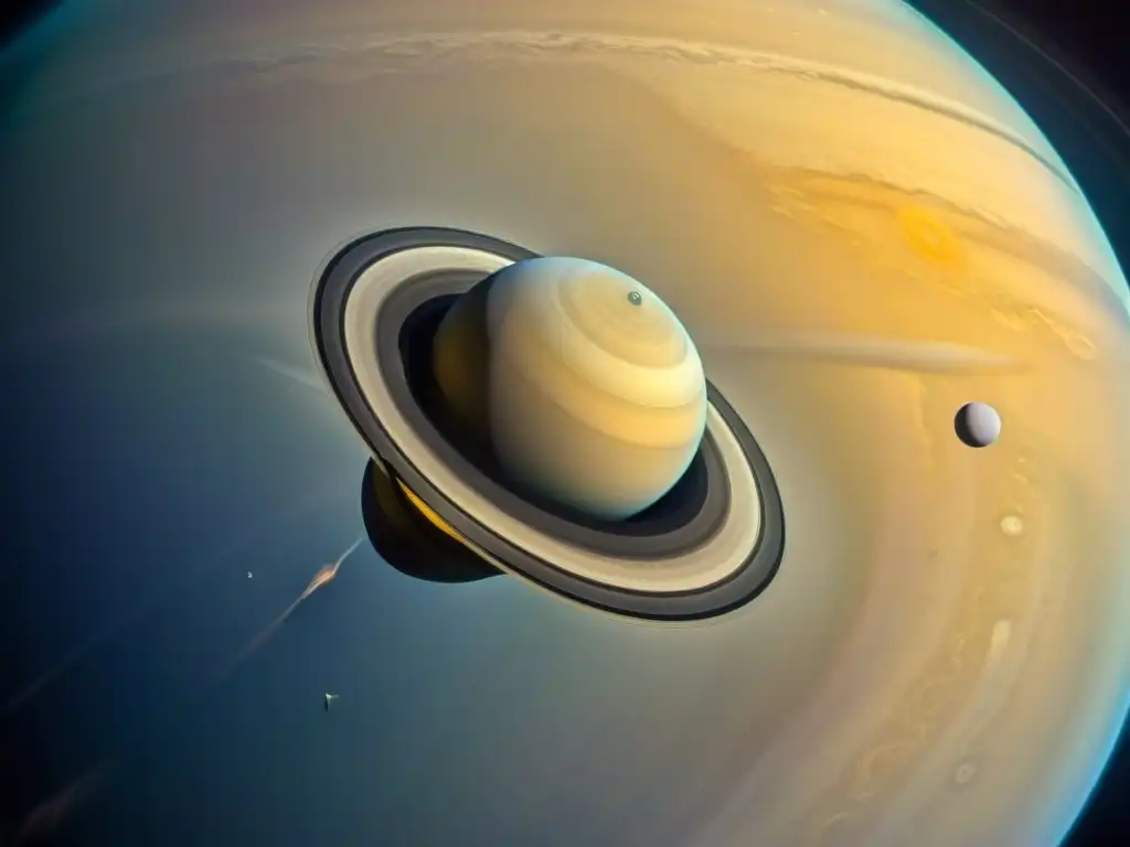 Exploración espacial en el planeta Saturno: La nave Cassini orbita grácilmente Saturno, mostrando sus majestuosos anillos y atmósfera